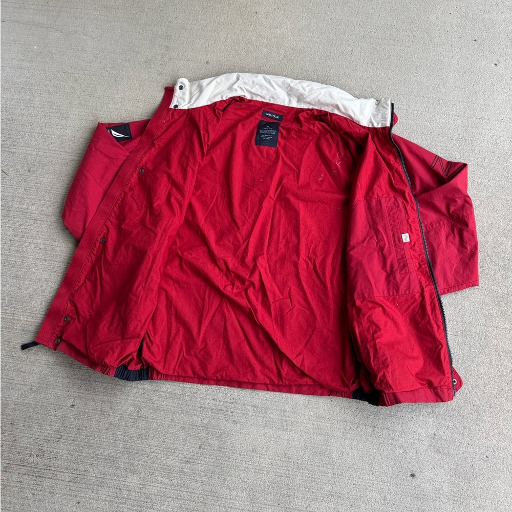 Vintage Nautica Sailing Jacket Mens XL Red Blue Colorblock Hideaway Hood Flaw - Picture 8 of 14